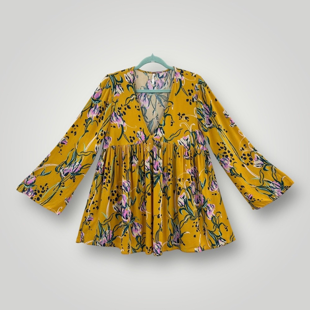 Free People Tunic Top Womens S Oversized Floral Boho Long Sleeve Flowy Rayon